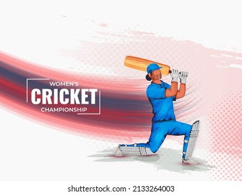 Women's Cricket Championship Concept With Faceless Female Batter Player In Action Pose And Abstract Brush Stroke On White Halftone Effect Background.