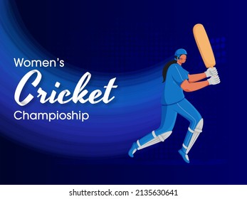 Women's Cricket Championship Concept With Faceless Female Batter Player Character On Blue Background.