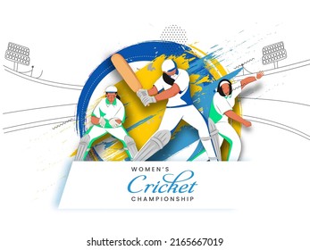 Women's Cricket Championship Concept With Faceless Cricketer Players In Different Poses And Brush Stroke Effect On White Background.