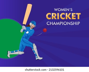 Women's Cricket Championship Concept With India Batter Player Hitting The Ball On Violet Rays Background.