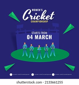 Women's Cricket Championship Concept With India Female Cricketer Team On Green And Blue Background.