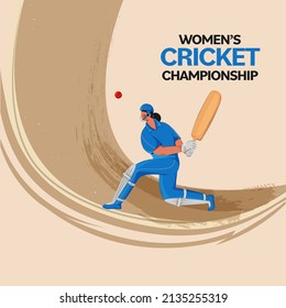 Women's Cricket Championship Concept With India Female Batter Player Hitting Ball And 3D Golden Winning Trophy Cup On Beige Background.