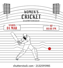 Women's Cricket Championship Concept With Linear Style Female Batter Player And Stadium Lights On White Stripes Background.