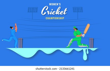 Women's Cricket Championship Concept With Participated Countries Players Of India VS Pakistan On Blue Background.