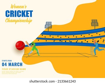 Women's Cricket Championship Concept With Participating Team Pakistan VS India And Bowler Throwing Ball To Batter Player At Stadium View.