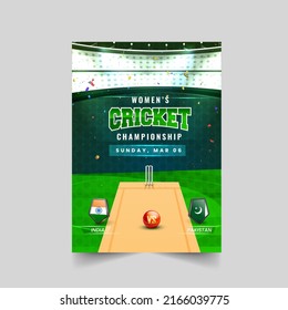 Women's Cricket Championship Flyer Design With Participating Team India VS Pakistan And Flag Shields On Stadium View Background.