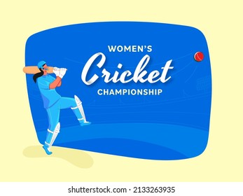 Women's Cricket Championship Font With India Female Batter Player In Action Pose On Blue And Yellow Background.