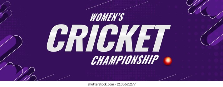 Women's Cricket Championship Font With Red Ball On Abstract Purple Background. Banner OR Header Design.