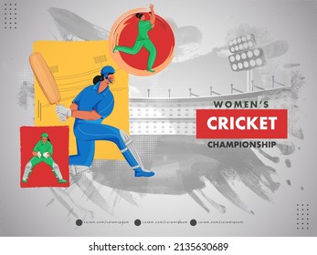 Women's Cricket Championship Poster Design With Participating Countries Players In Different Poses On Gray Brush Effect Stadium View.