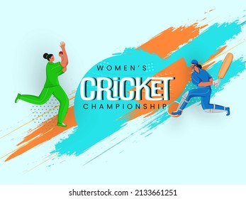 Women's Cricket Championship Text With Participating Team India VS Pakistan And Brush Stroke Effect On Blue Background.