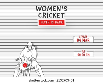 Women's Cricket Fever Is Back Font With Sticker Style Wicker Keeper Hit Ball To Stumps On White Horizontal Stripes Background.