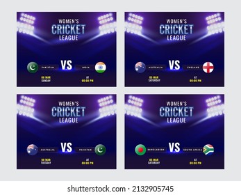 Women's Cricket League Based Poster Design With Participating Countries Flag Badge On Stadium Lights Background In Four Options.