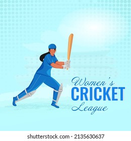 Women's Cricket League Concept With Faceless Female Batter Player In Playing Pose On Blue Polka Dots Background.