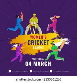 Women's Cricket League Concept With Five Countries Female Cricketer Players In Different Poses And Chrome Yellow Brush Effect On Purple Rays Background.