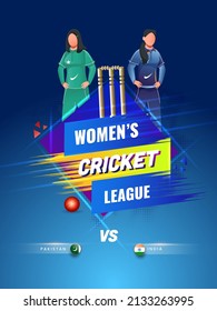 Women's Cricket League Flyer Design With Participating Countries Player Of Pakistan VS India On Blue Halftone Effect Background.