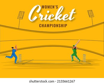 Women's Cricket Match Between India VS Pakistan And Bowler Throwing Ball To Batter Player On Orange Playground.