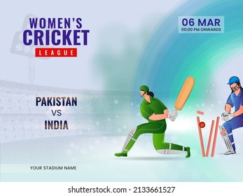 Women's Cricket Match Between Pakistan VS India And Cricketer Players In Action Pose.