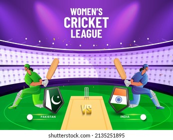 Women's Cricket Match Between Pakistan VS India With 3D Flag Shields And Batter Players Character On Stadium View Background.