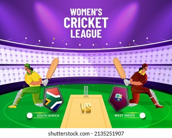 Women's Cricket Match Between South Africa VS West Indies With 3D Flag Shield And Batter Players Character On Stadium View Background.