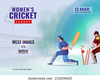 Women's Cricket Match Between West Indies VS India And Cricketer Players In Action Pose.