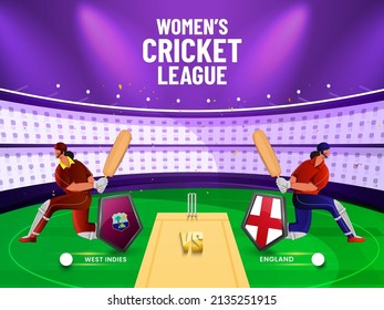 Women's Cricket Match Between West Indies VS England With 3D Flag Shields And Batter Players Character On Stadium View Background.