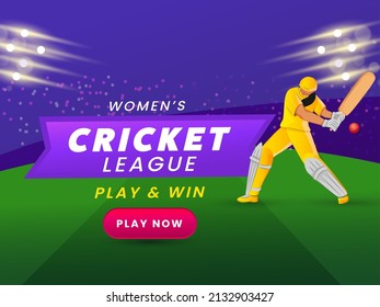 Women's Cricket Match Play Now With Female Batter Player In Playing Pose On Green And Violet Light Effect Background.
