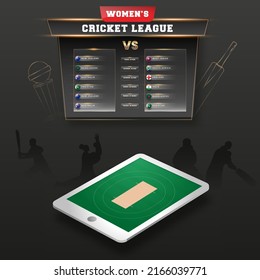 Women's Cricket Match Schedule Between Participated Countries With Top View Smartphone Screen Against Black Silhouette Players Background.