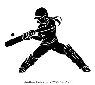 Women's Cricket Sport, Front View Silhouette Bat Swing Action