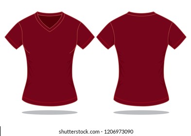 Women's Crimson V-Neck T-Shirt For Template Vector.Front And Back Views.