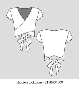 Womens criss cross Front Tied Back V-neck Crop Top Fashion flat sketch Cad Technical drawing template design vector