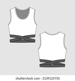 Womens Criss cross hem tape crop top sleeveless Cropped Top  round neck vest tank top t shirt flat sketch technical drawing template design vector