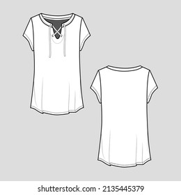 womens Criss cross Lace tie up t shirt short sleeve fashion top blouse flaat sketch template vector