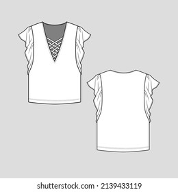 Womens criss cross neckline Armhole Ruffle Sleeve top long armhole Ruffles deep v neck criss cross at line  t shirt blouse fashion tee  flat sketch technical drawing template design vector
