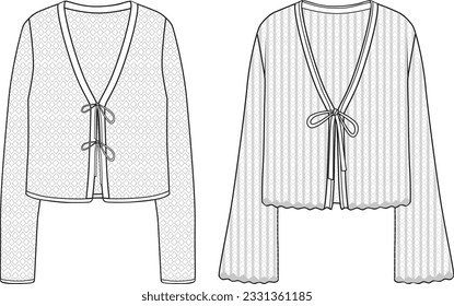 Women's Crochet Cardigan- Technical fashion illustration. Front, white color. CAD mock-up.	