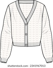 Women's Crochet Cardigan. Technical fashion illustration. Front, ecru colour. Women's CAD mock-up.