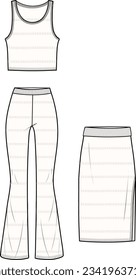 Women's Crochet Co-ord. Technical fashion illustration. Front, white colour. Women's CAD mock-up.