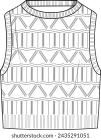 Women's Crochet Crop Vest- Technical fashion illustration. Front, white colour. Unisex CAD mock-up.