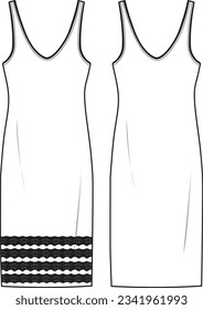 Women's Crochet Hem Knit Dress. Dress technical fashion illustration. Flat apparel dress template front, white-black colour. Women's CAD mock-up.