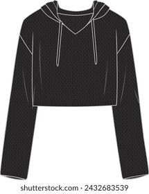 Women's Crochet Hooded Crop Jumper- Technical fashion illustration. Front, black colour. Women's CAD mock-up.