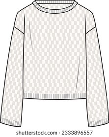 Women's Crochet Jumper- Technical fashion illustration. Front, off white colour. Women's CAD mock-up.