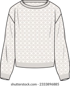 Cazador de crochet femenino - Ilustración técnica de la moda. Delantero, color blanco roto. Burla de CAD de mujeres.