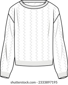 Women's Crochet Jumper- Technical fashion illustration. Front, white color. Women's CAD mock-up.