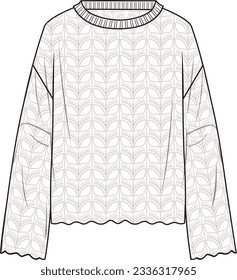 Women's Crochet Jumper. Technical fashion illustration. Front, white colour. Women's CAD mock-up.