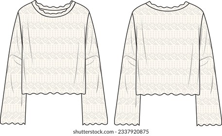 Cazador de crochet femenino - Ilustración técnica de la moda. Delantero, color blanco roto. Burla de CAD de mujeres.