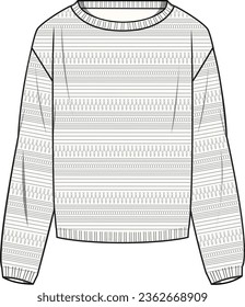 Women's Crochet Jumper. Technical fashion illustration. Front, white color. Women's CAD mock-up.