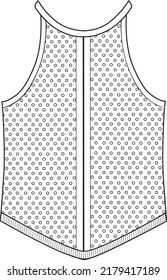 Women's Crochet, Mesh Cropped Halter Neck Knit Vest Top- Top technical fashion illustration. Flat apparel top template front, white color. Women's CAD mock-up.