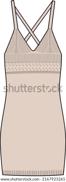 Women\'s Crochet Mini Knit Dress. Dress technical\
fashion illustration. Flat apparel dress template front and back,\
natural colour. Women\'s CAD\
mock-up.