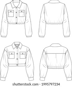 Women's Crop Bomber Jacket Set. Jacket Technical Fashion Illustration. Flat Apparel Jacket Template Front And Back, White Color. Women's CAD Mock-up.