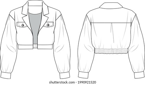 Women's Crop Bomber Jacket. Jacket Technical Fashion Illustration. Flat Apparel Jacket Template Front And Back, White Color. Women's CAD Mock-up.