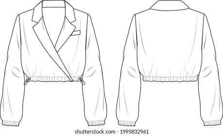 Women's Crop Bomber Jacket. Jacket Technical Fashion Illustration. Flat Apparel Jacket Template Front And Back, White Color. Women's CAD Mock-up.